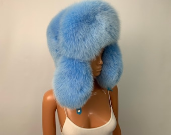 Chapeau de trappeur ushanka fourrure de renard bleu ombre (Saga Furs)