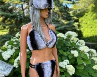 Ensemble de bikini avec bandeau en fourrure véritable, imprimé lapin Rex et chinchilla (Saga Furs)
