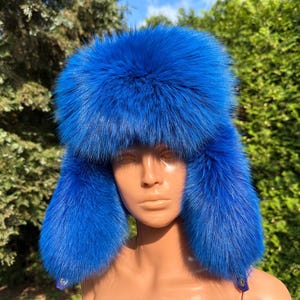 Shadow Blue Fox Fur Trapper Bomber Hat with Leather Top (Saga Furs) (Unisex)