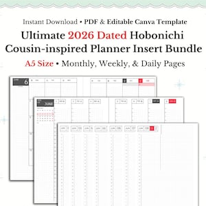 Może przedstawiać: Biały zestaw wkładów do planera cyfrowego z tekstem "Ultimate 2026 Dated Hobonichi Cousin-inspired Planner Insert Bundle". Planer zawiera strony miesięczne, tygodniowe i dzienne w formacie A5. Obrazek przedstawia przykładowe strony z czerwca.