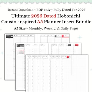 May include: A white A5 planner insert bundle for 2026, featuring monthly, weekly, and daily pages. Text includes "Ultimate 2026 Dated Hobonichi Cousin-inspired A5 Planner Insert Bundle." A sample link is available in the description.