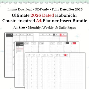 A4-plannerkaarten met gedateerde Hobonichi Cousin uit 2026 (pdf-download)