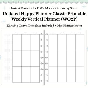 Vertical Weekly Planner Happy Planner Classic Inserts Printable WO2P Undated Weekly Planners Printable PDF Canva Template Editable Calendar