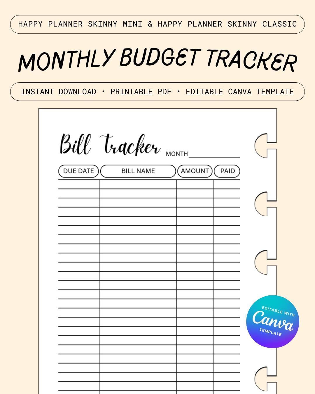 Happy Planner Bill Tracker Insert: Skinny Mini & Classic (printable PDF ...