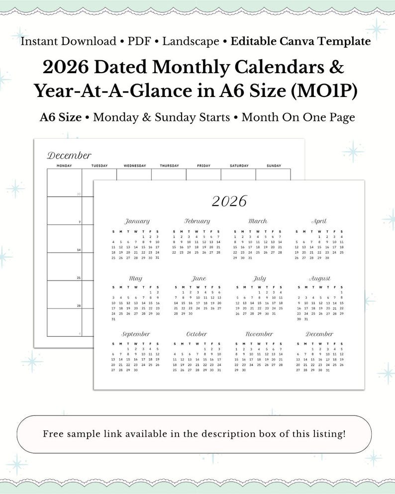 2026 A6 Monthly Calendar Planner, Minimalist Printable (PDF Download ...