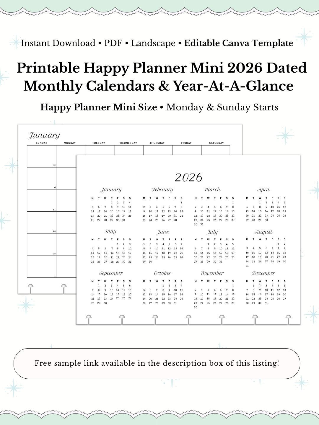2026 Happy Planner Mini Calendar, Monthly Landscape (PDF Download) - Etsy