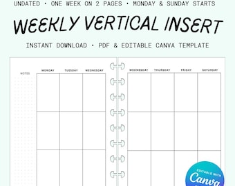 Happy Planner Classic, ongedateerd wekelijks verticaal inlegvel (afdrukbare pdf, canvasjabloon)