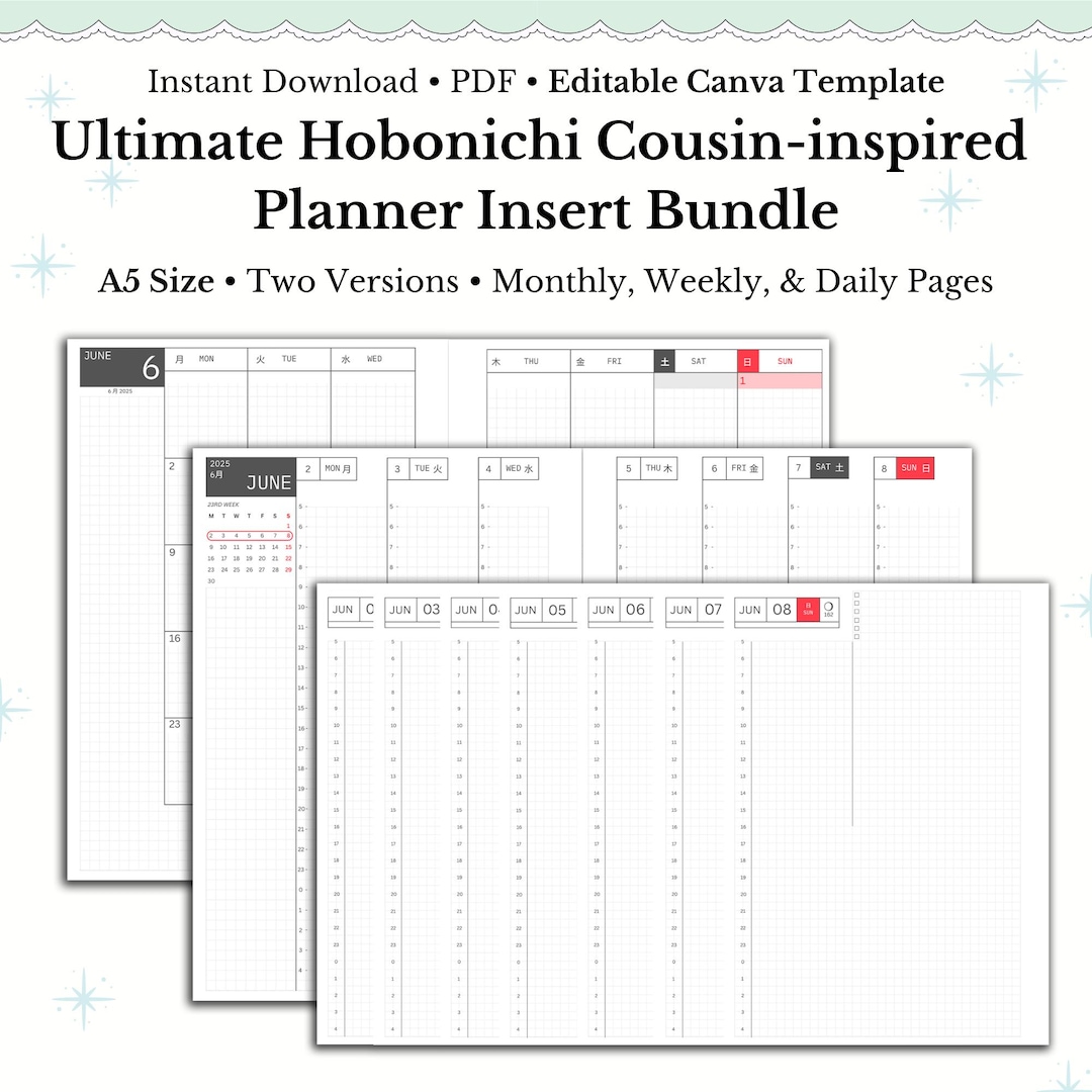 Hobonichi Cousin Style A5 Weekly Planner Inserts Printable A5 Weekly ...