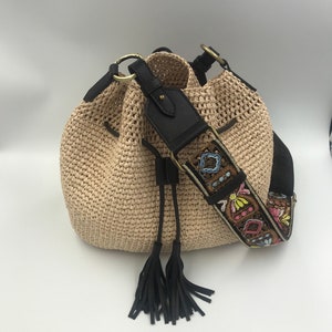 Boho Raffia Bag with sequin strap | Straw bucket bag with Leather Tassel | Crochet Summer Bag | Crossbody Shoulder Bag