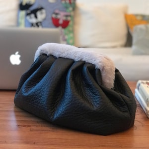 Summer Sale | Pleated Shearling Cloud Pouch Clutch Bag | Pleated Purse | Shearling Handbag | Shearling Bag