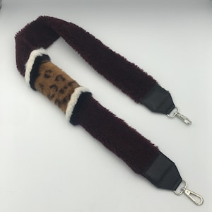 Burgundy Faux Fur Bag Strap | Leopard Patchwork, Leather Finish