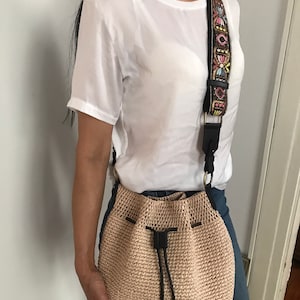 Raffia bucket bag with boho strap | Straw Crochet  bag with Leather Tassel | Summer Bags