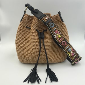 Raffia Boho crossbody bag with sequin strap | Straw bucket bag with Leather Tassel | Summer Bags