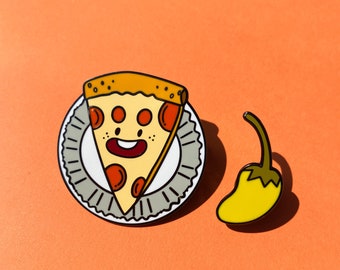 Pizza n yellow pepper enamel pins set I Pizza hard enamel pin I Yellow pepper hard enamel pin I Cut pins