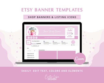 Plantillas de banners rosas para tiendas Etsy, kit de marca de belleza, plantillas de Canva