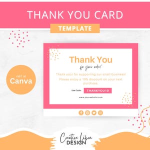 Cartão de agradecimento colorido para impressão, design de cartão de desconto para pequenas empresas, cartão postal de agradecimento, vendedor Etsy, modelo de cartão de desconto Canva