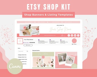 Kit de tienda Etsy en tonos pastel rosa, banner y plantillas de anuncios (Canva)