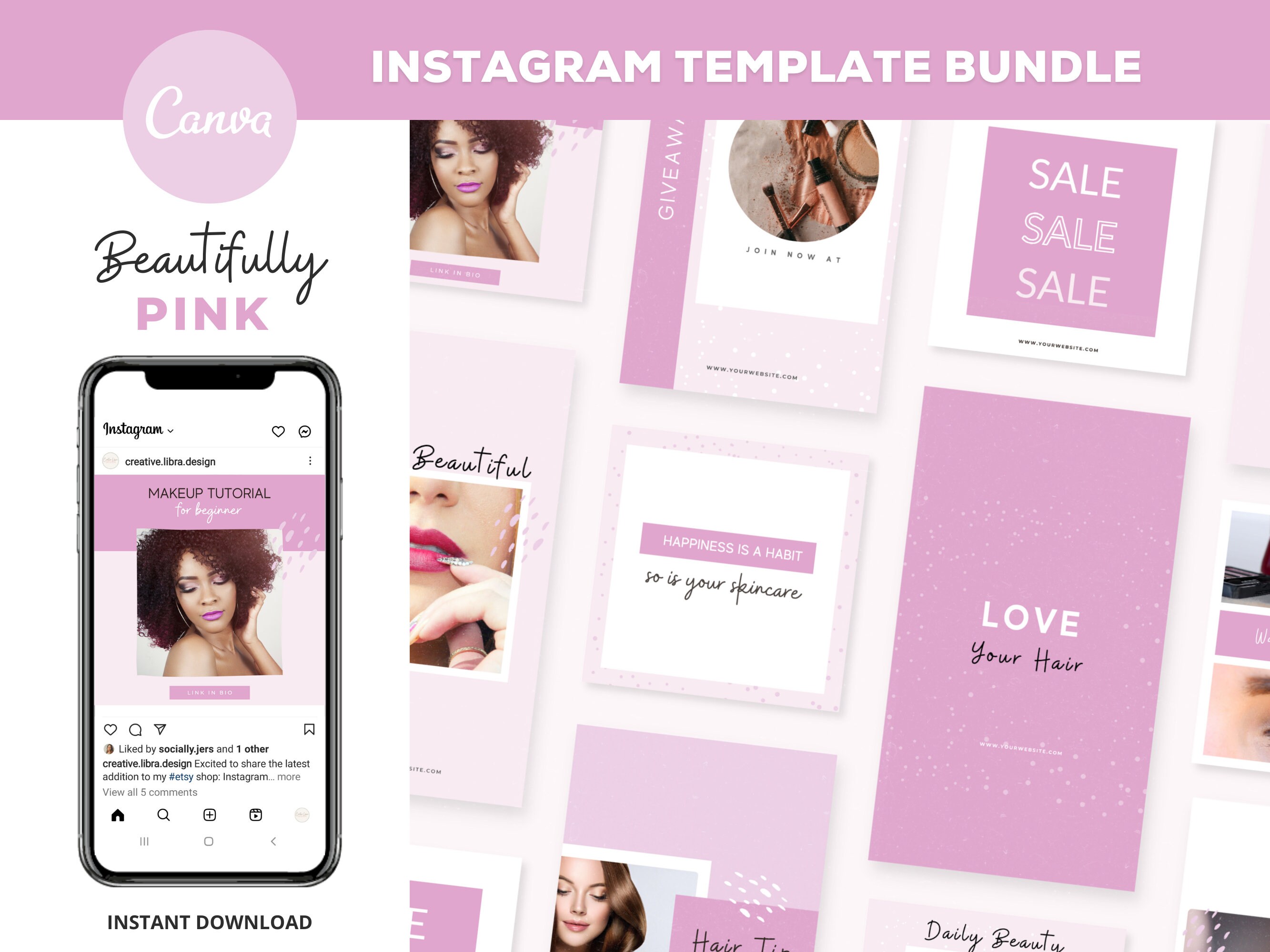 Pink Instagram Post Template Bundle Canva Templates Instagram Feed ...