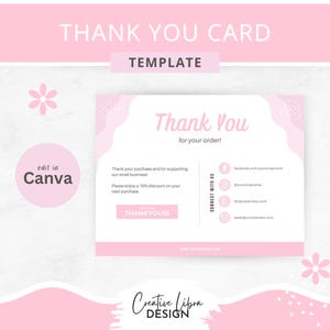 Modelo de cartão de agradecimento rosa editável no Canva, cartão de agradecimento faça você mesmo, nota de agradecimento ao cliente, cartão de inserção de pedido para pequenas empresas, cartão de desconto