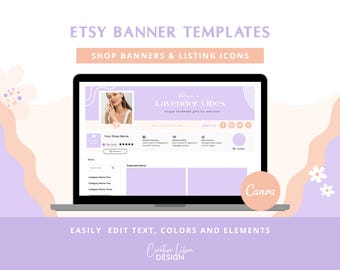 Plantillas de banners morados para tiendas Etsy, kit de marca editable en Canva, estilo moderno.