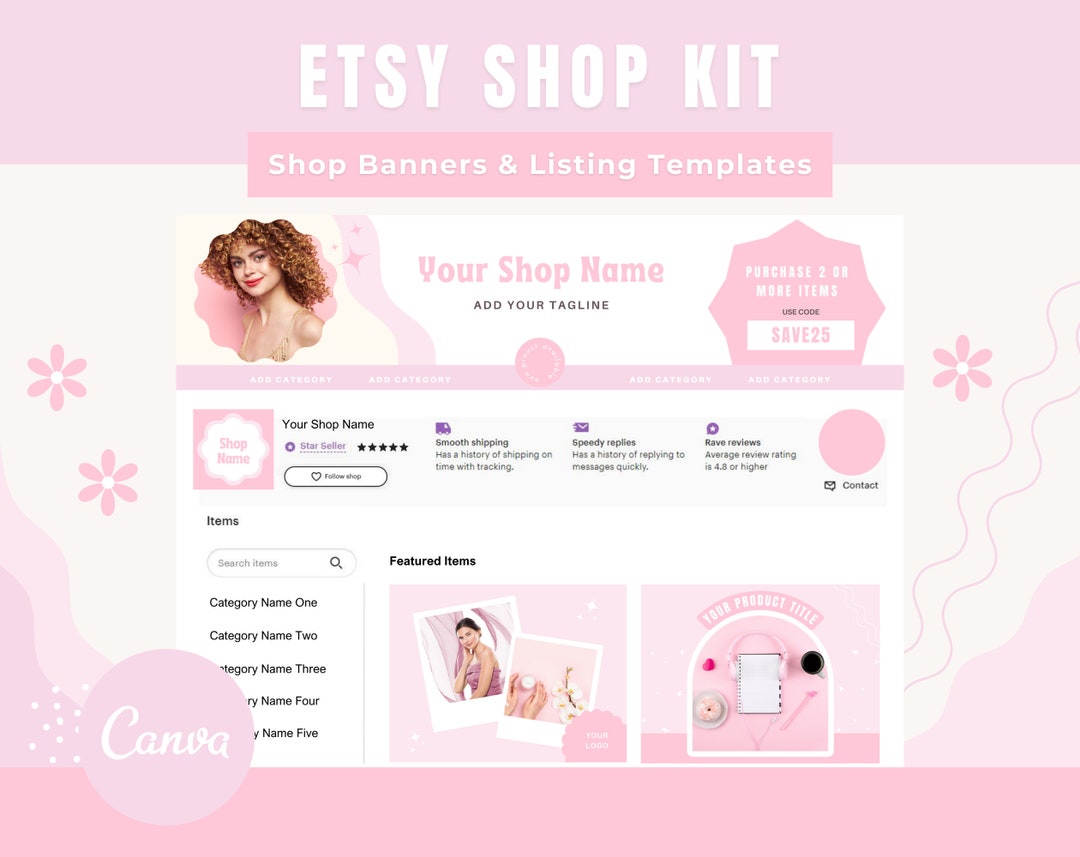 Etsy Shop Banner Templates Canva, Light Pink Branding Kit Bundle, Shop ...