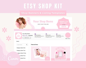 Kit de banner rosa claro para tienda Etsy, plantillas de marca (Canva)