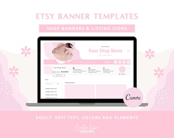 Plantillas de banners rosas para tiendas Etsy, kit de marca Canva para joyerías
