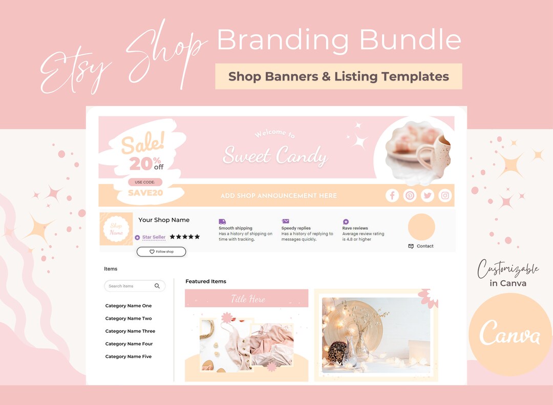 Pink Etsy Shop Banner Kit Etsy Store Template Canva Etsy