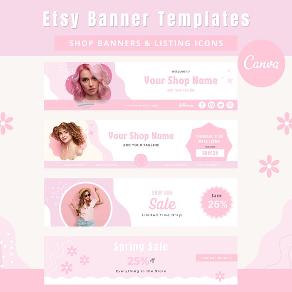 Pink Etsy Shop Banner Templates - Etsy Branding Kit - Light Pink Canva Templates - Etsy Listing Templates - Editable Canva Designs