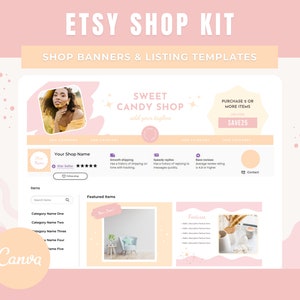 Pink Etsy Shop Banner Templates, Etsy Shop Kit, Canva Template Bundle, Etsy Store Branding, Creative Libra Design