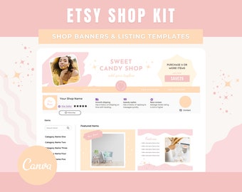 Kit de banner rosa para tienda Etsy, paquete de plantillas de Canva (descarga digital)