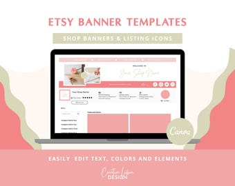 Plantilla de banner para tienda Etsy en color rosa pastel: banners e íconos editables de Canva