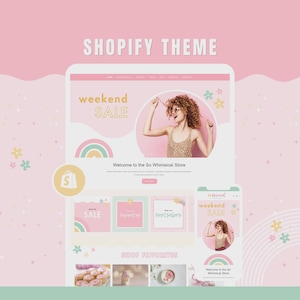 Shopify Theme Template Pastel Rainbow, Pink Feminine Boutique Shop Website Theme, Handmade Craft Store Design