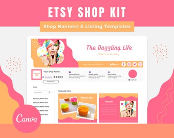 Kit de tienda Etsy rosa, plantillas de banner de Canva y paquete de marca (descarga digital)