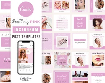 Plantillas de publicaciones de Instagram en rosa (Canva), redes sociales de belleza (descarga digital)