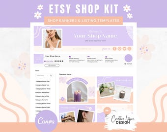 Banners morados pastel para tienda Etsy, paquete de marca de joyería, plantillas editables de Canva