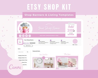 Kit de marca para tienda Etsy, banner rosa y plantillas de anuncios (Canva)