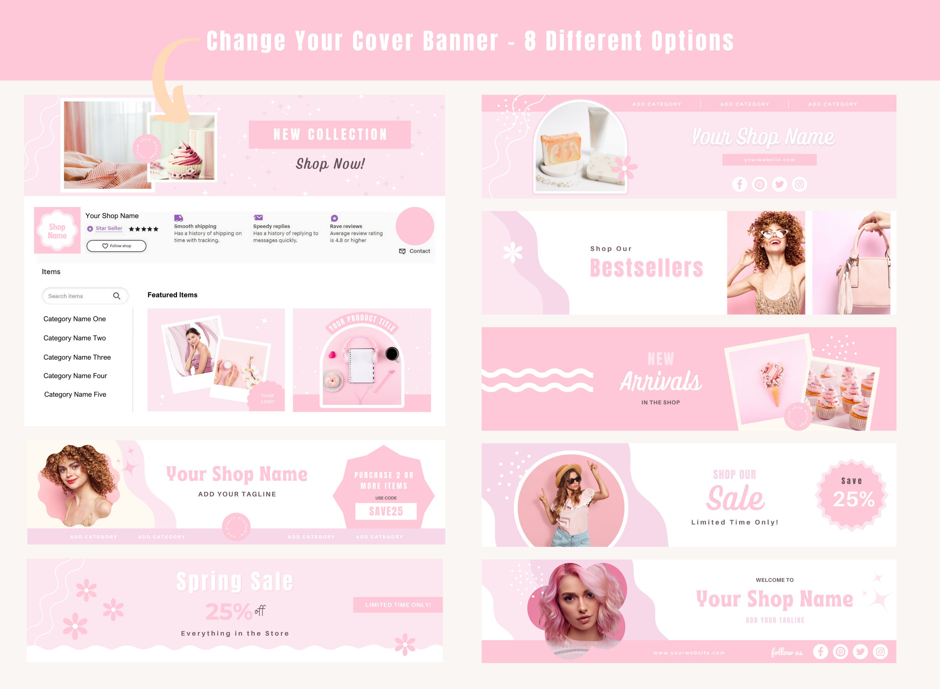 Etsy Shop Banner Templates Canva, Light Pink Branding Kit Bundle, Shop ...