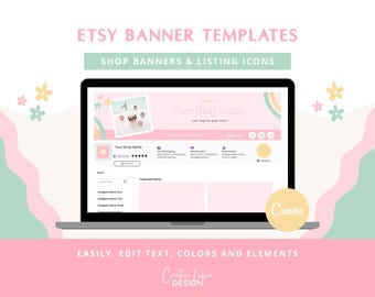 May include: A laptop displays an Etsy shop banner template with the text "ETSY BANNER TEMPLATES" and "SHOP BANNERS & LISTING ICONS". The screen shows a pink and pastel design with the text "Your Shop Name". The Canva logo is visible.