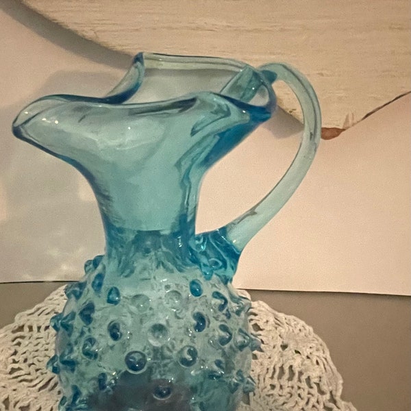 Vintage Blue Hobnail Glass Pitcher Vase with Handle