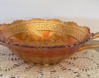 Fenton Marigold 2 Handle Carnival Glass Circle Cherries Bon Bon Dish