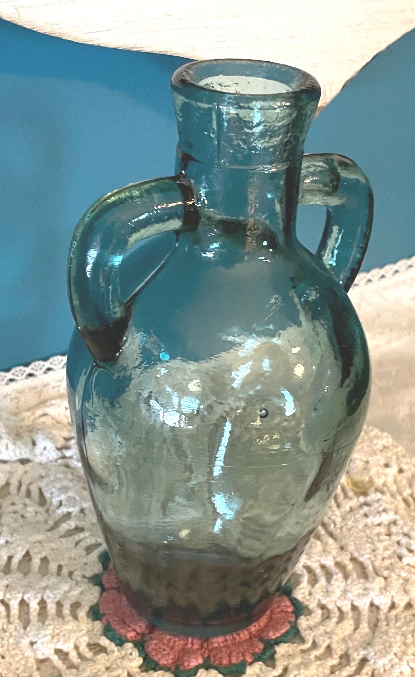 Vintage Blue Glass Jug Bottle With Two Handles