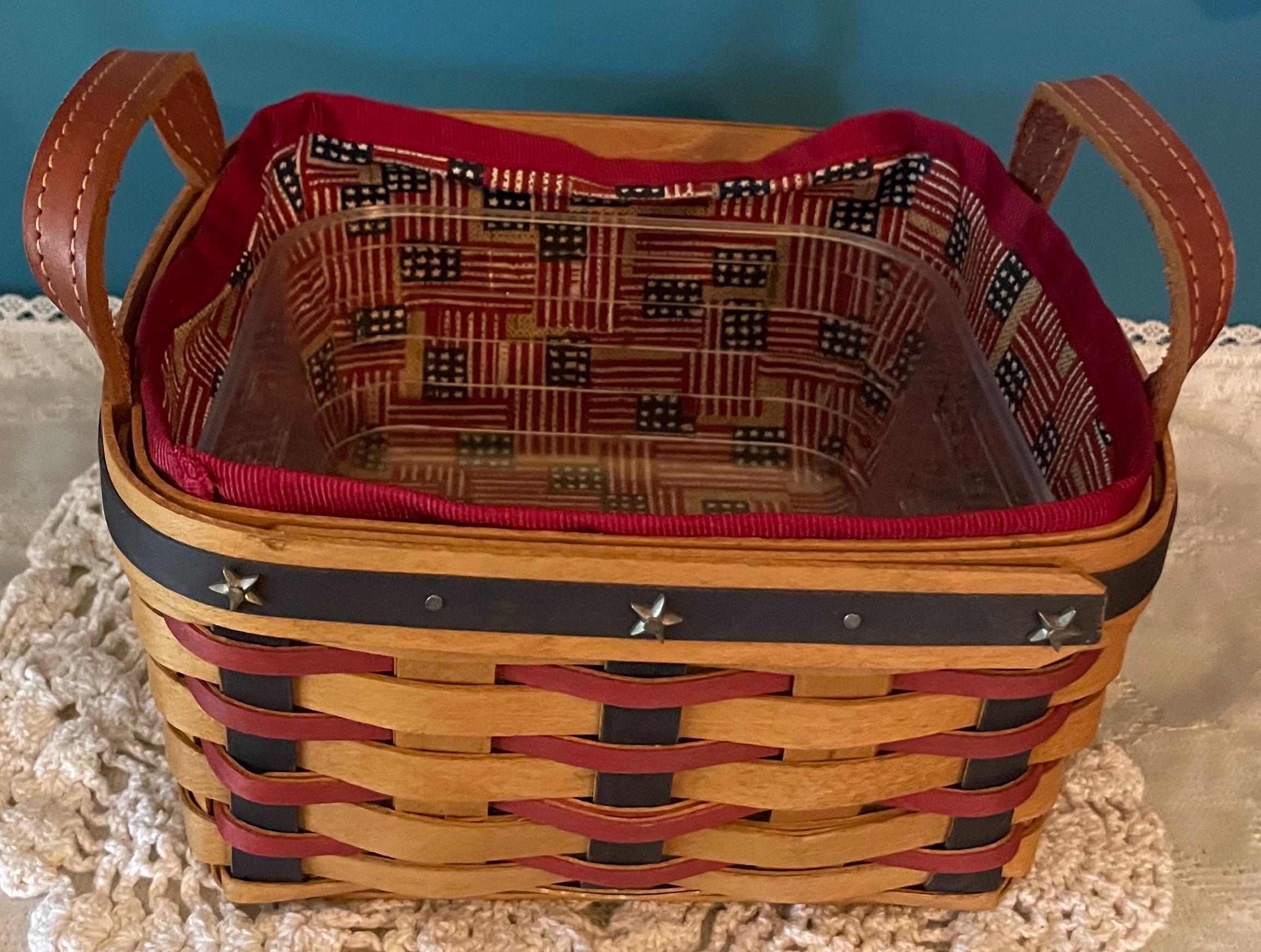 2004 Longaberger Proudly American Medium Berry Basket Red Blue with plastic liner and flag liner