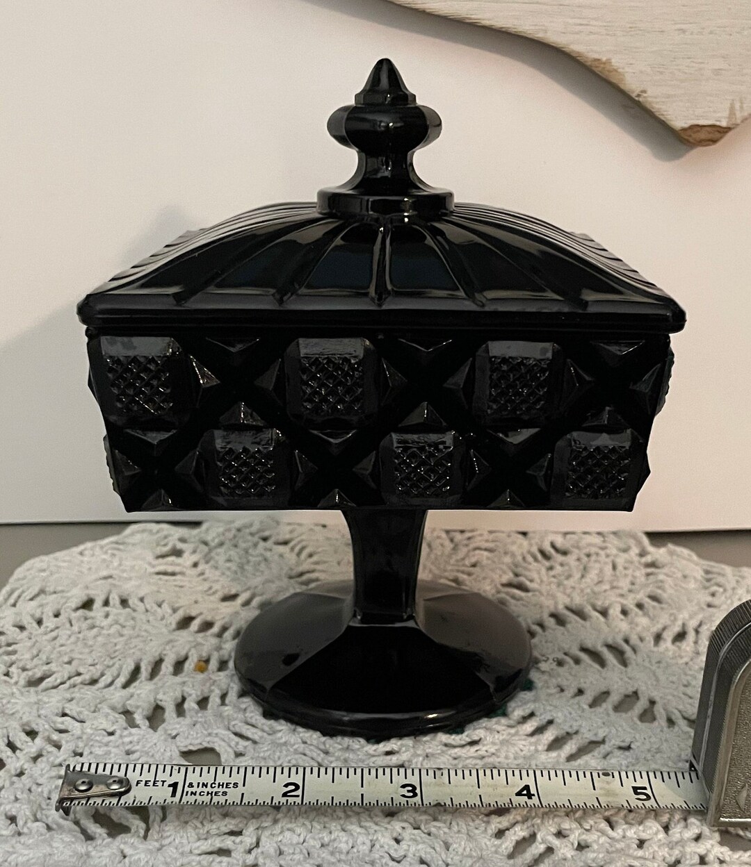 Vintage Black Milk Glass Quilt Pattern Pedestal Candy Dish Etsy