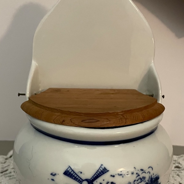 Vintage Ceramic Blue & White Salt Cellar With Wood Top