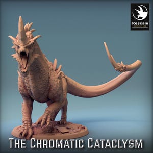 May include: A detailed miniature of a dragon-like creature with a long, curved tail and a large, open mouth. The creature is painted in a light brown color and has a textured surface. The miniature is standing on a base and is labeled "The Chromatic Cataclysm".