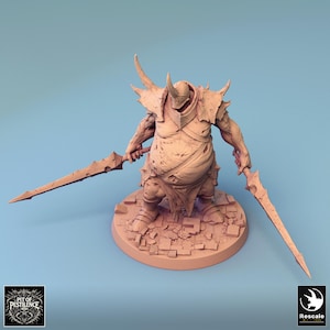May include: A 3D printed miniature of a grotesque, overweight, armored figure wielding two swords. The figure is painted in a light brown color and stands on a circular base with a textured surface.