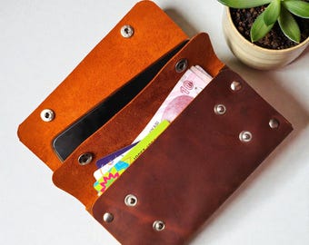Handmade Leather Phone Wallet Sleeve, Minimalist Phone Pouch for iPhone
