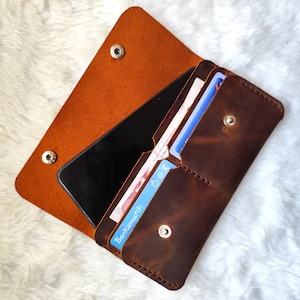 Handmade Crazy Horse Leather Phone Wallet: Minimalist Card & Cash Holder