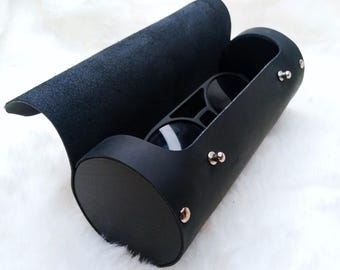 Handmade Leather Sunglass Case: Wood & Crazy Horse Leather Eyewear Protector (USA duty free)